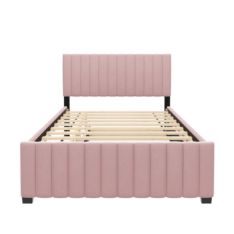 Twin Platform Bed with Trundle, Velvet Upholstered Bed Frame with Headboard, Wooden Twin for Bedroom