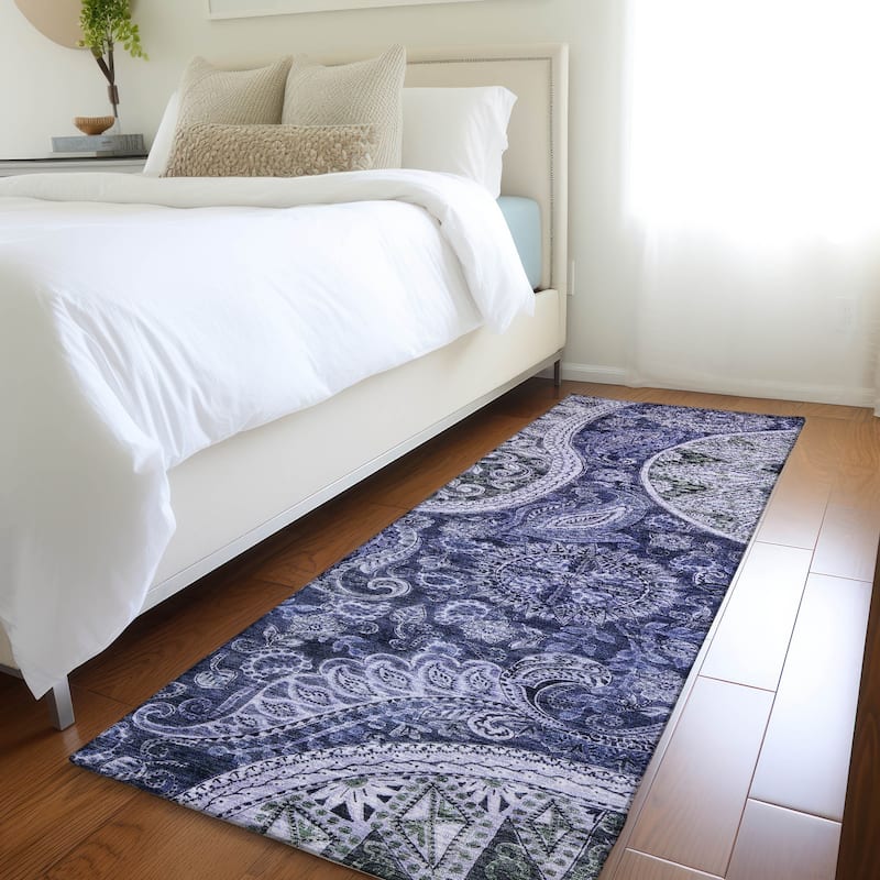 Machine Washable Indoor/ Outdoor Modern Paisley Chantille Rug - Navy - 2'3" x 7'6"