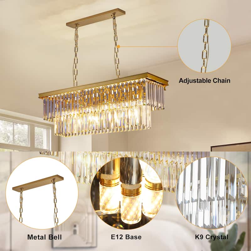 Gold Rectangle Crystal Chandelier, Luxury Pendant Light for Dining Room, Bulbs Included