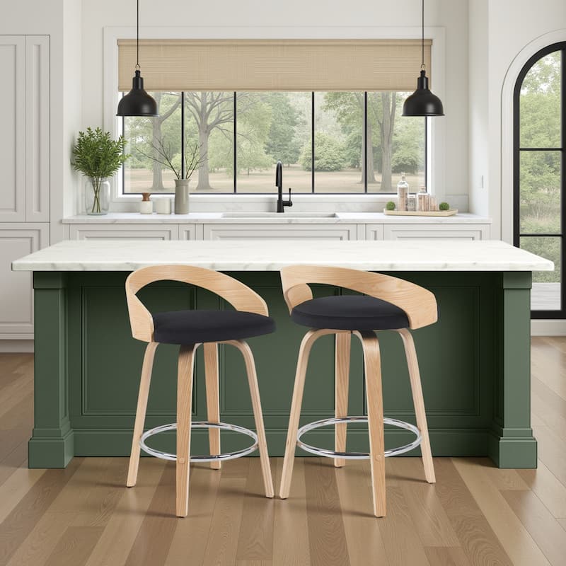 Carson Carrington Solavagen Mid-Century Modern Swivel Counter or Bar Stool - Black Fabric & Oak - Counter Height - Set of 2