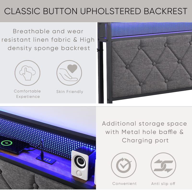 Full Bed Frame with Charging Station and LED Lights, Upholstered Platform Bed with Heavy Metal Slats, No Box Spring Needed