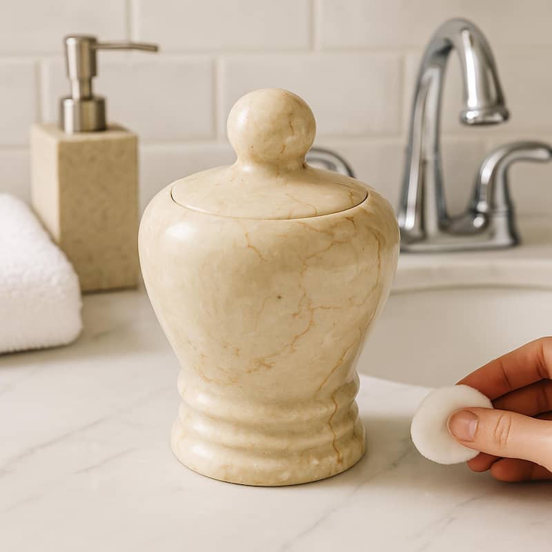 Creative Home Aladdin Collection Champagne Marble Cotton Ball Swab Holder, Bathroom Storage Jar - Beige