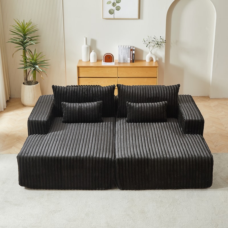 87'' Lounge Chaise Sleeper Sofa - Soft Corduroy Couch with Ottoman Bench and Pillow Support