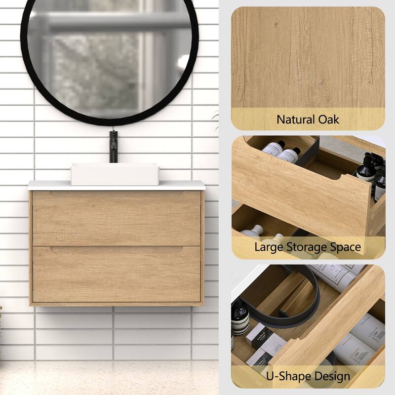 36" Solid Wood Bathroom Vanity with White Quartz Countertop Ceramic Square Sink