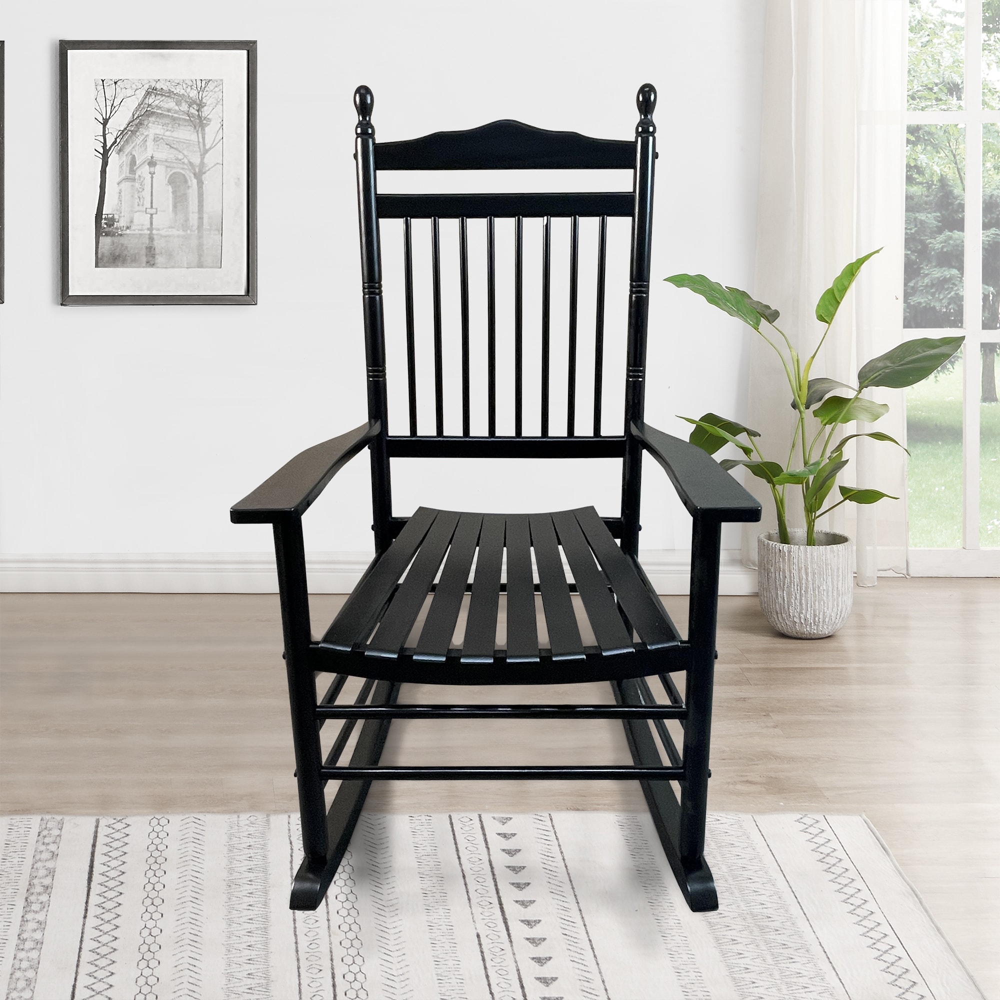 Solid Hardwood Rocking Chair with Slatted Back Indoor or Outdoor
