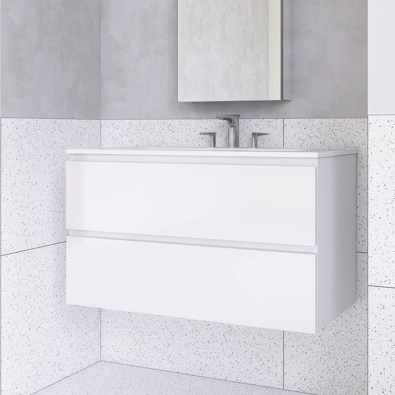 Floating Integrated Bathroom Vanity with Ceramic Sink, Three Faucet Holes