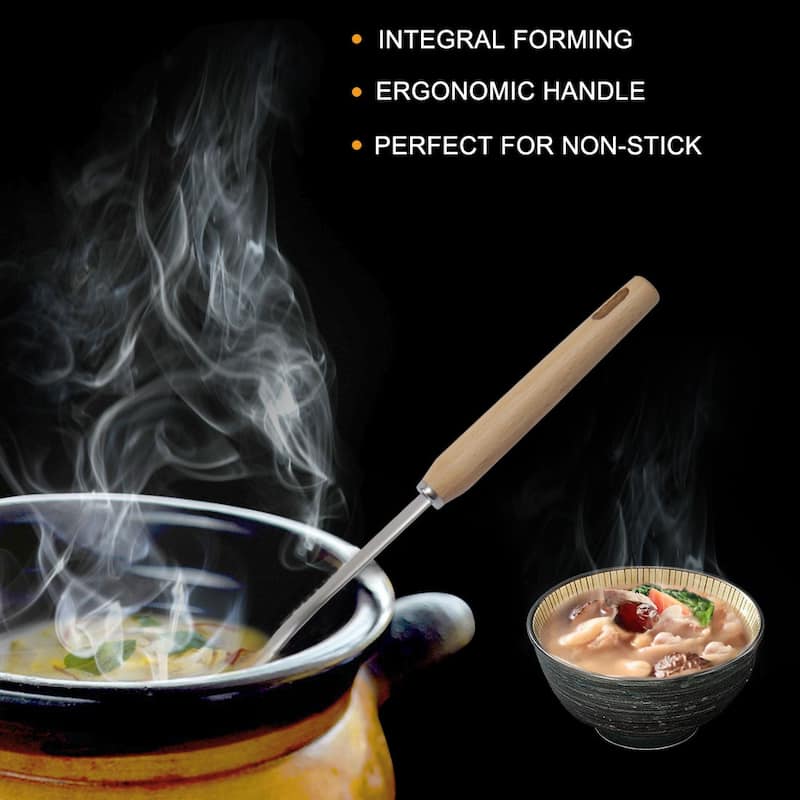 Stainless Steel Soup Ladle Spoon Wooden Handle Cookware Utensil - 10.4" x 3"(L*W)
