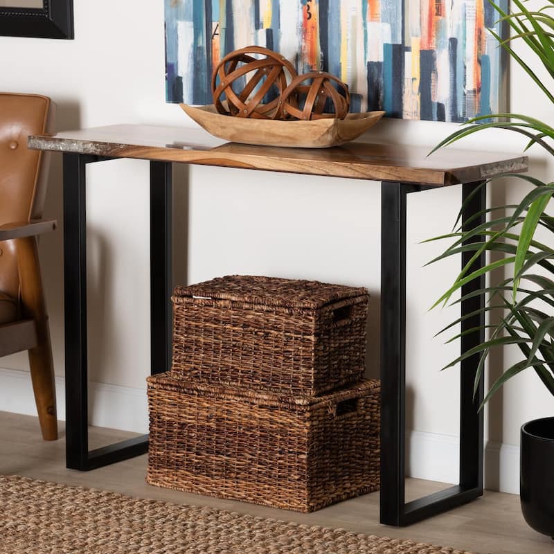 Apio Wood Epoxy Resin Console Table with Glass Inlay - Rectangular Live Edge Teak Wood Accent Table with Black Metal Base