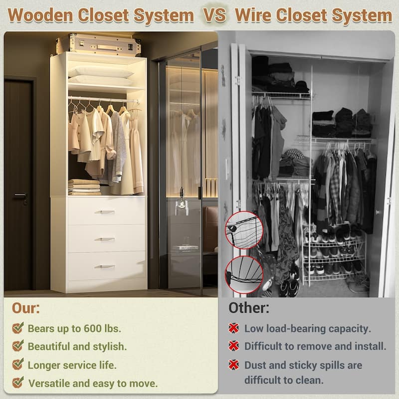 Kyrvo Freestanding Closet Sytem with 3 Wooden Drawers and Hanging Rod and Storage Shelf, Walk-in Closet Organizer Wardrobe