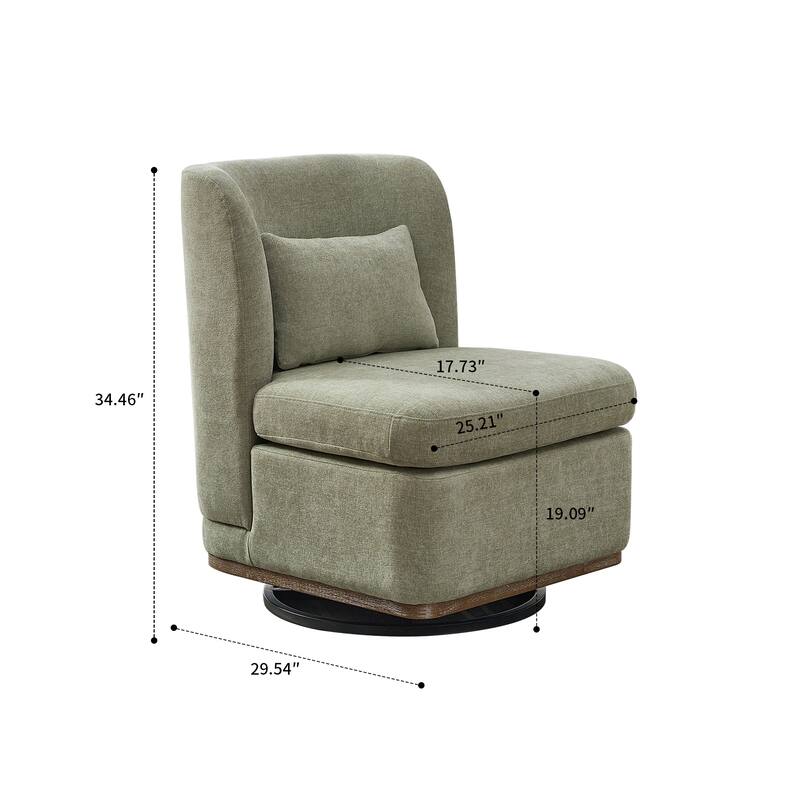 Modern minimalist sofa chair with pillows and metal swivel base for bedroom living room den