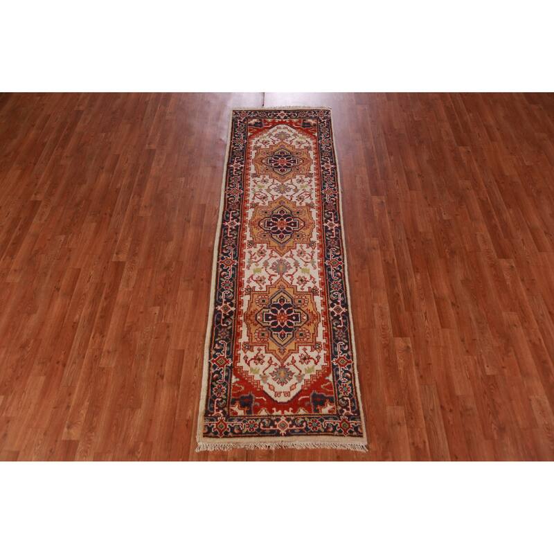 Hand Knotted Oriental 100% Wool Carpet Traditional Geometric Beige & Ivories Heriz (serapi) Runner Rug - 8' 0'' X 2' 5''