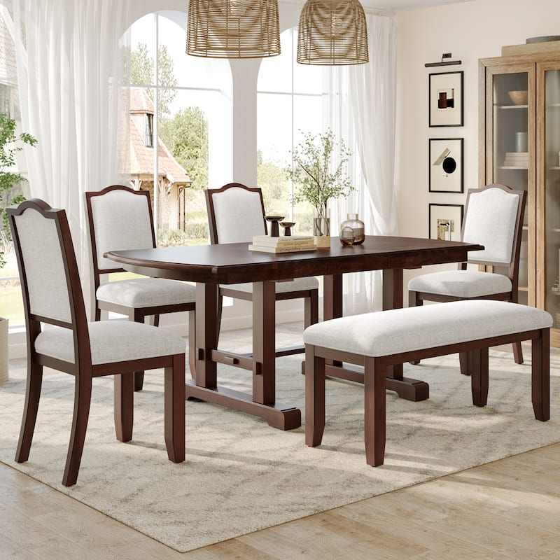 Classic 6-Piece Extendable Dining Table Set Includes 4 Dining Chairs and Bench for Family Gatherings