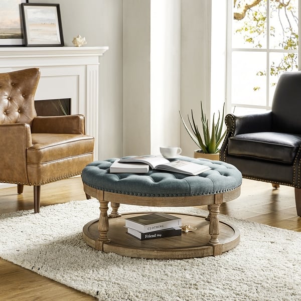 slide 2 of 16, Illyria Transitional Multifunctional Tufted 35.5" Shabby Chic Storage Ottoman Table with Spindle Legs by HULALA HOME BLUE