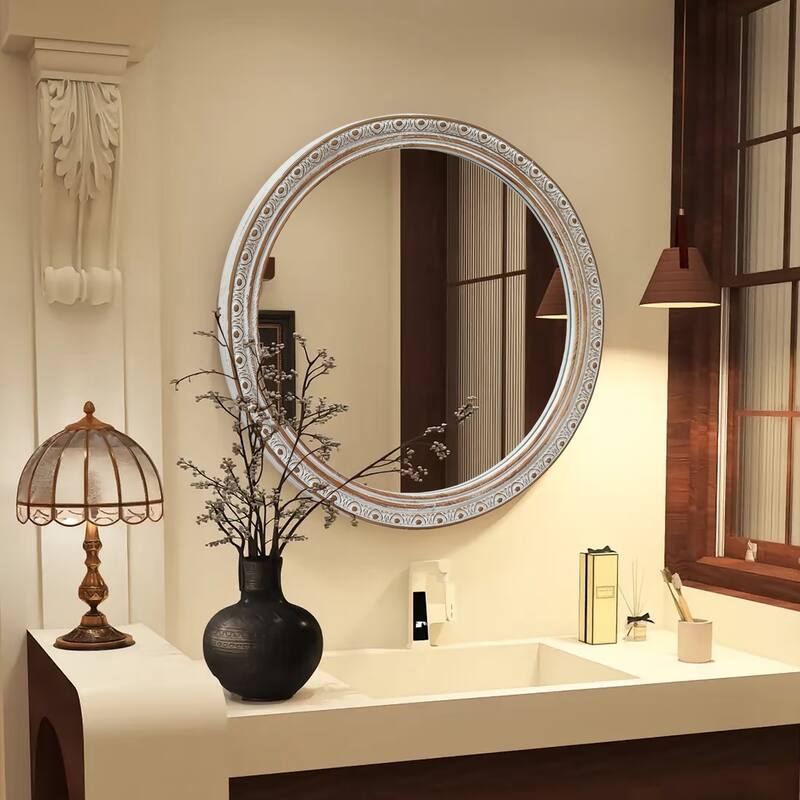 Ornate Round Wall Mirror - Ancient White