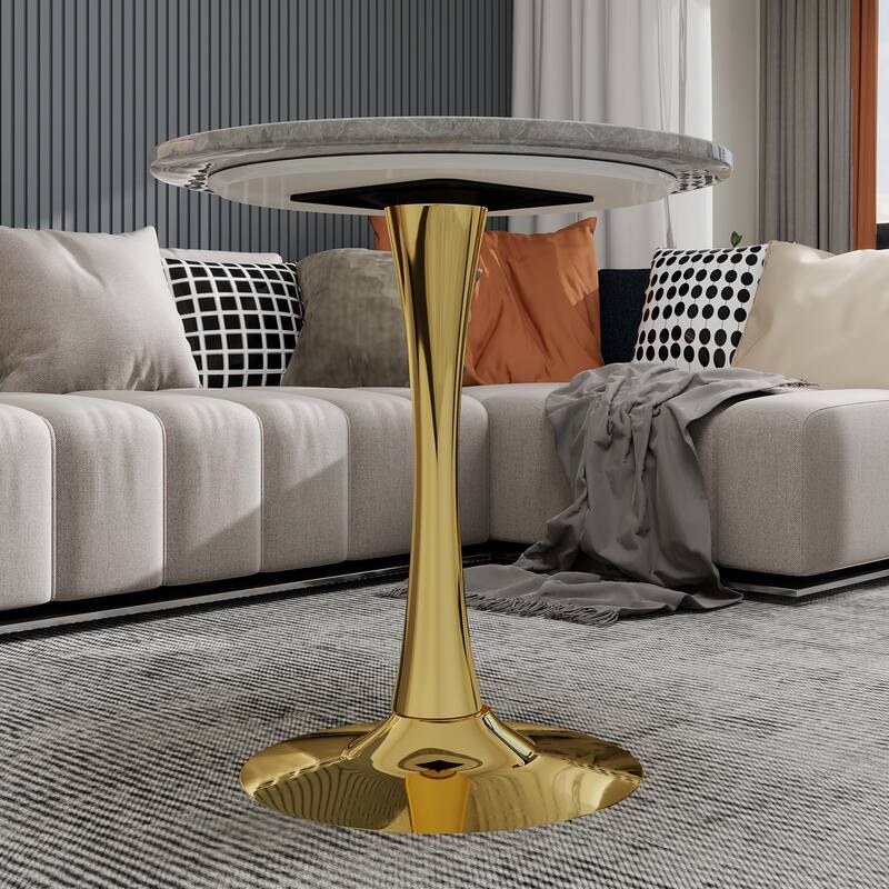 27.6" Mid-Century Modern Style Dining Table, Accommodates 2-4 People, Featuring A Round Light Gray Textured Marble Tabletop