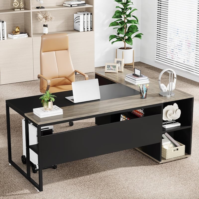 71 inch Executive Desk, L Shaped Desk with Cabinet Storage, Executive Office Table with Shelves
