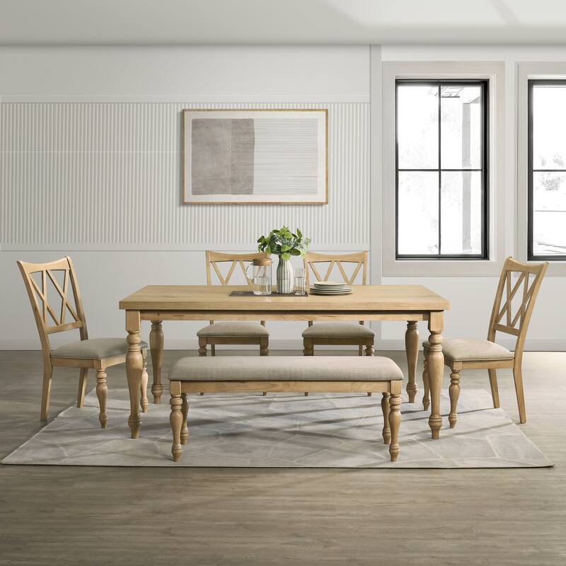 Roundhill Furniture Verta 6-Piece Dining Table with 4 Cross Back Dining Chairs and Bench, Light Oak Finish