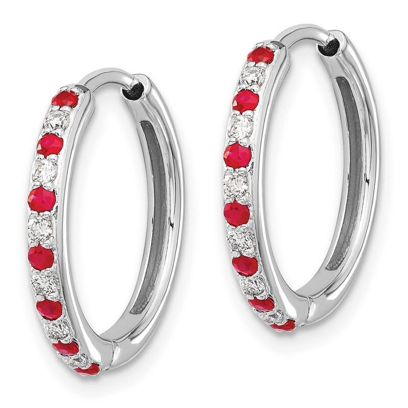 Curata 14k White Gold Diamond and Ruby Hinged Hoop Earrings - 18x19mm Wide 2mm Thick
