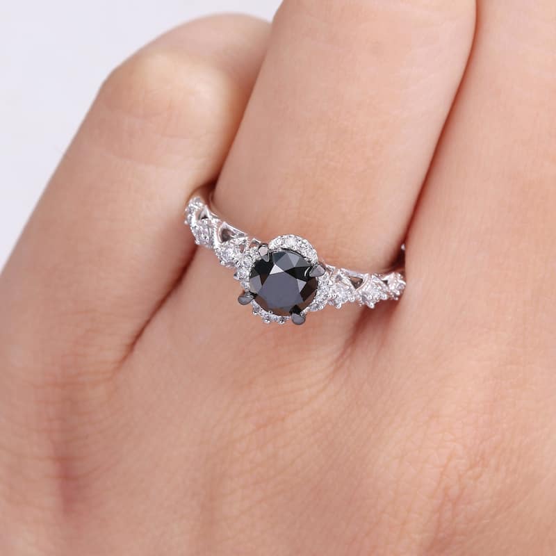 Miadora 3/4ct TDW Black and White Diamond Vintage Halo Infinity Engagement Ring in 14k White Gold