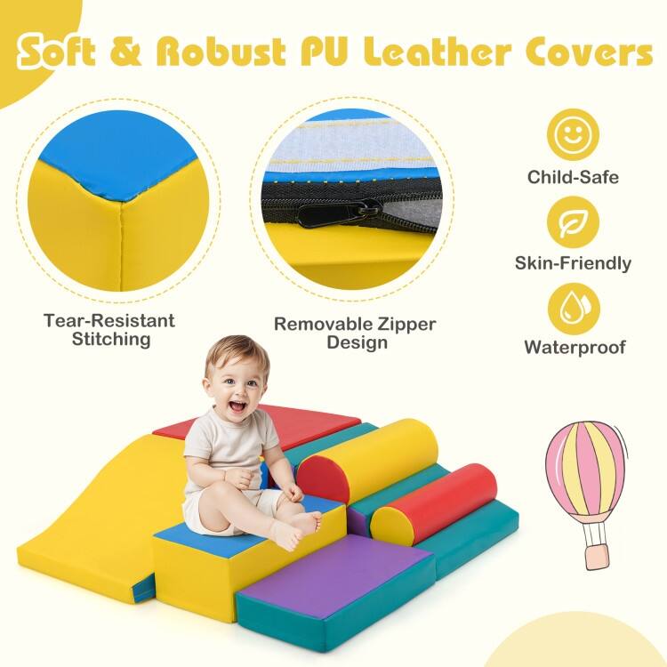 Red PU Leather EPE Foam 7-Piece Kids Climbing Blocks Set with Slide and Wave Shape - 19.5" x 17.5" x 10" (L x W x H)