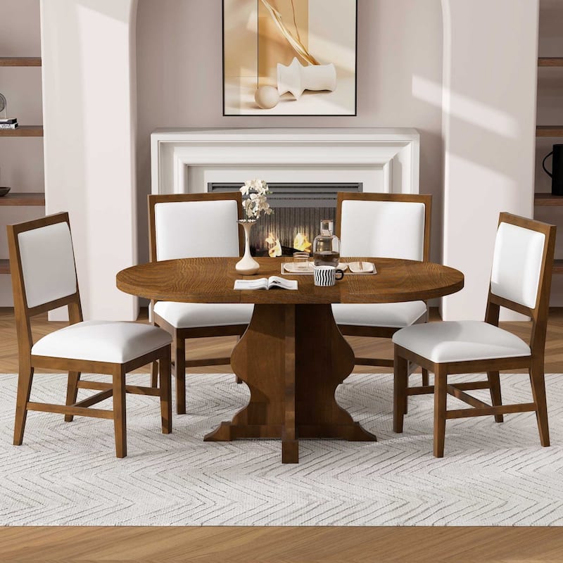5-Piece Extendable Dining Table Set with 15.7" Leaf and 4 Upholstered Chairs - Brown