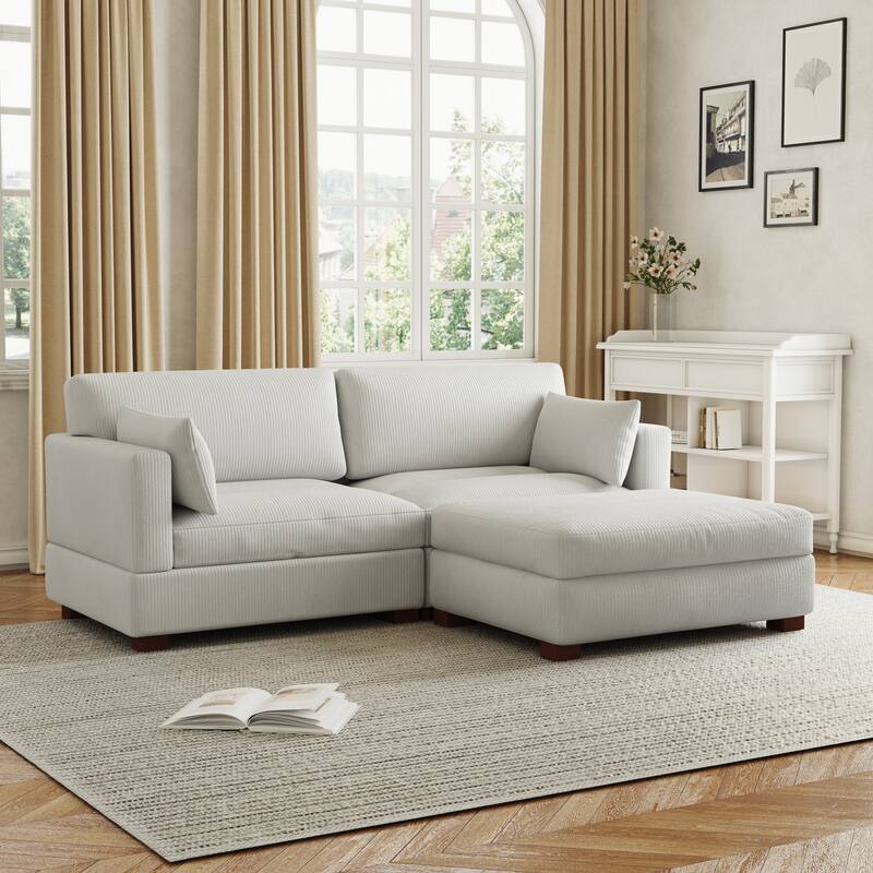 85in.W Corduroy Modular 3-Piece L-Shaped Sectional Sofa with Ottoman