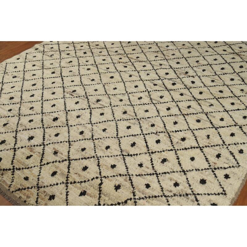 Beige Trellis Moroccan Oriental Area Rug Handmade Wool Carpet - 6'11" x 9'9"