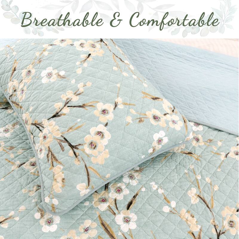 Cozy Line Cream Cherry Blossom Floral Cyan Blue Green Quilt Bedding Set