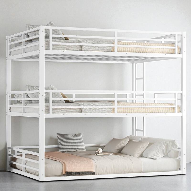 Metal Triple Bunk Bed Twin/Full/Twin XL/Queen with Safety Guardrails, Noise-Free Slats, Heavy Duty Frame