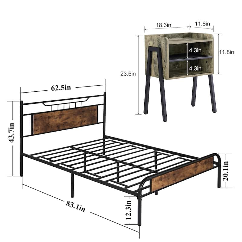 VECELO Industrial 3-pieces Bed and Modern Nightstands Set