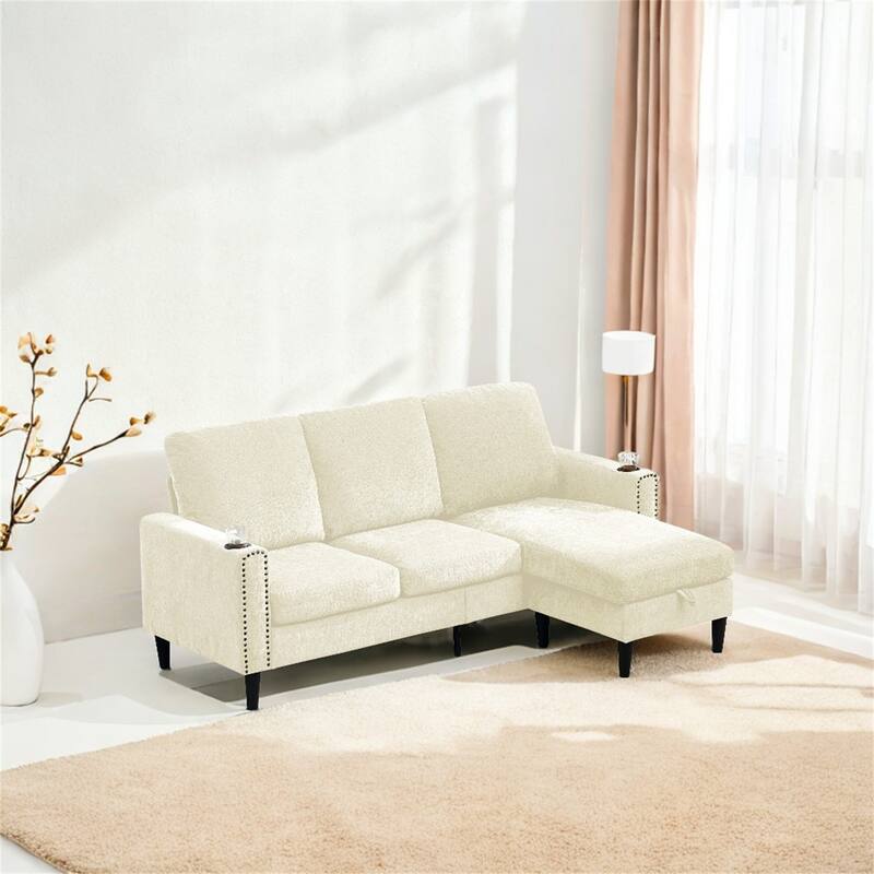 Modern Design Chenille 3 Seat L-Shape Sectional Sofa - Off White
