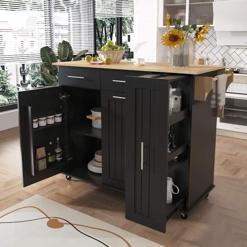 Kitchen Island with Drop Leaf and 3 Tier Pull Out Cabinet Organizer - Black