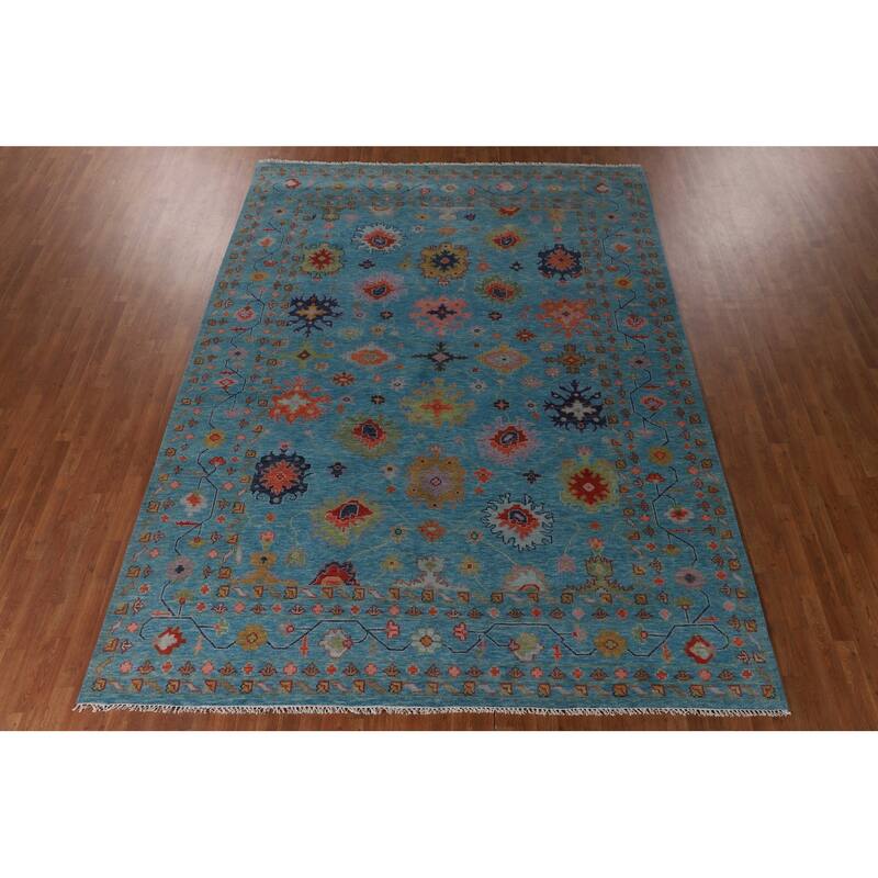 All-Over Blue Oushak Oriental Area Rug Hand-Knotted Wool Carpet - 9'0" x 11'11"