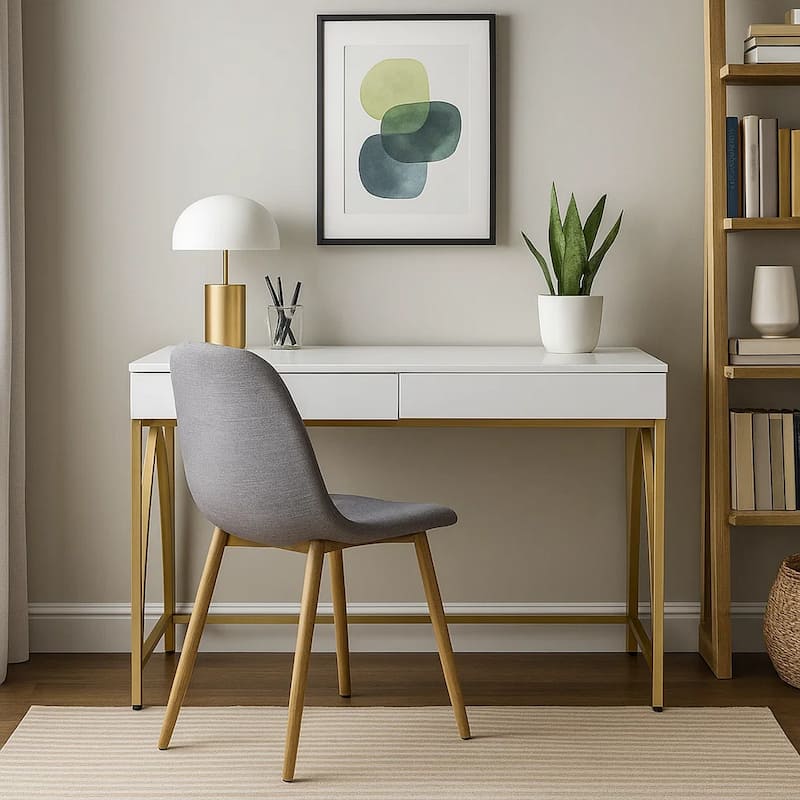 50 Inch Desk Console Table, 2 Drawers, Metal Inverted U Frame, White, Gold