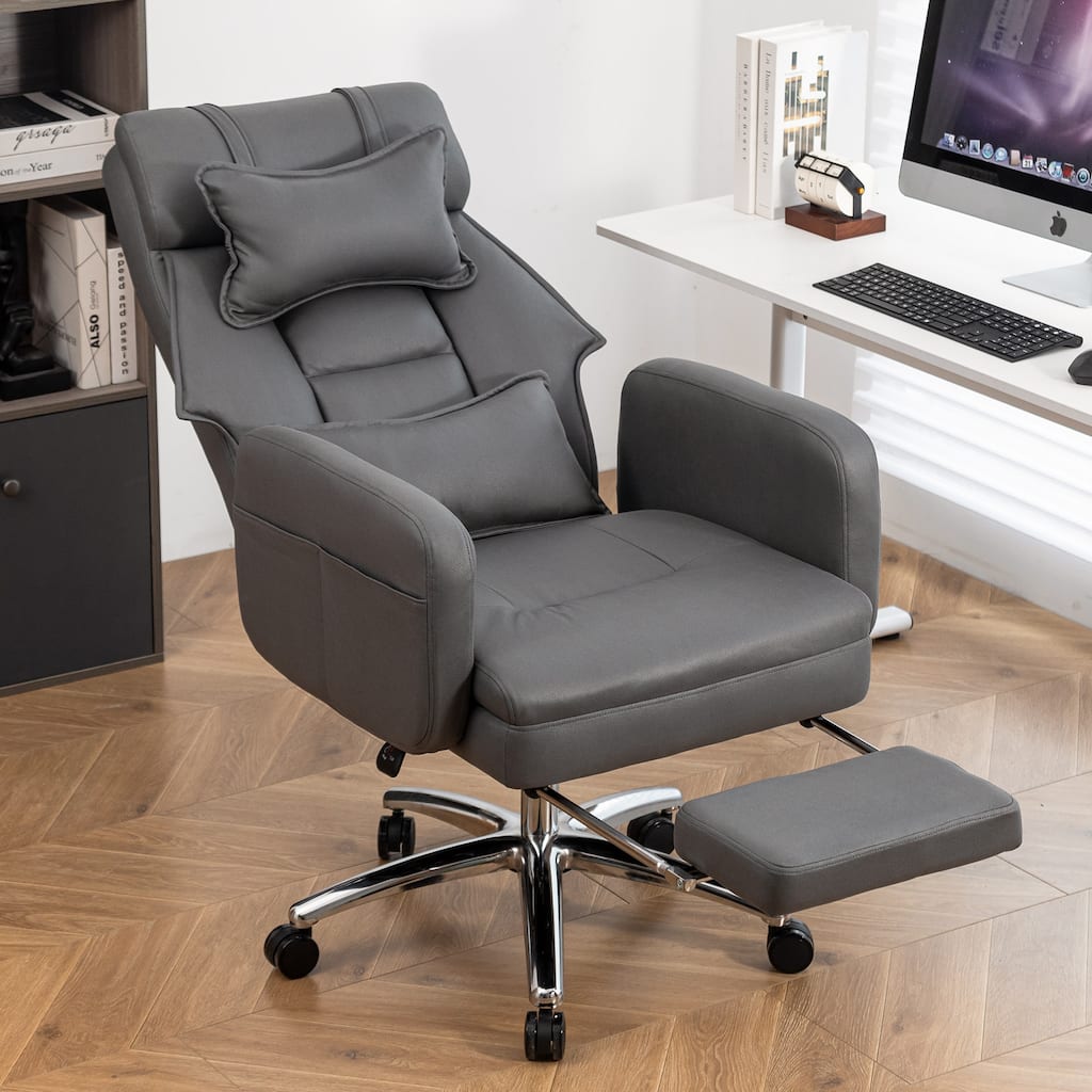 Dark Grey Technology Leather 360° Swivel Manual Office Recliner with Lumbar Support, Headrest, Footrest, Adjustable Height
