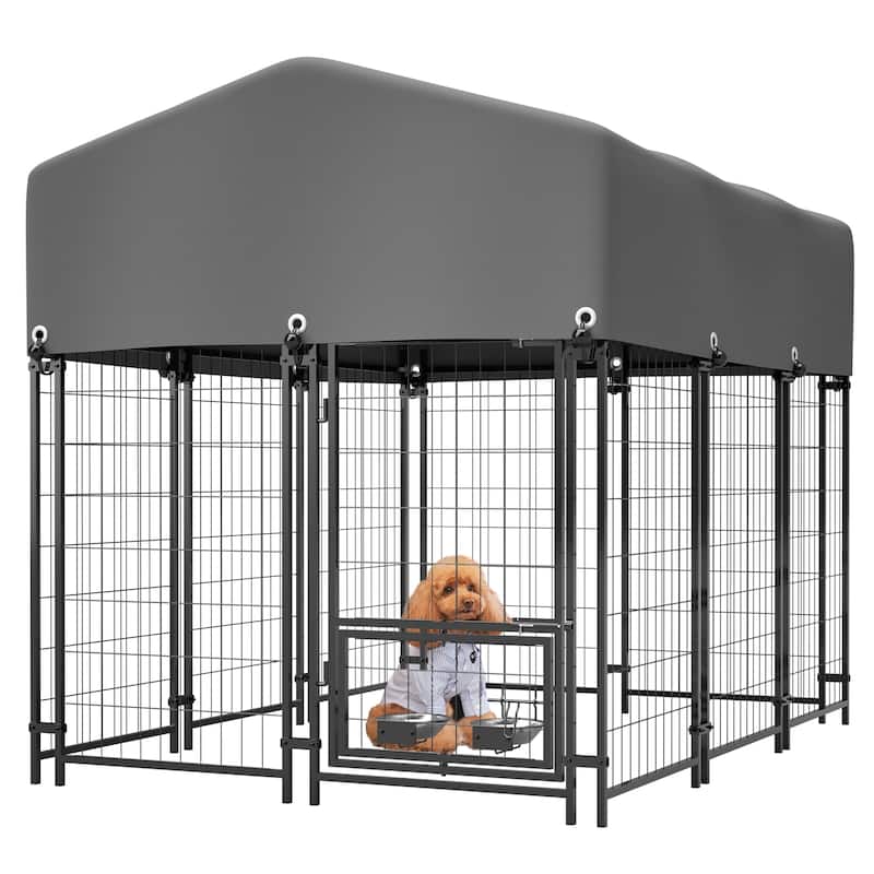 GDFStudio - Large Outdoor Heavy Duty Metal Dog Kennel with Roof, UV-Resistant Waterproof Cover, Double Lock & Rotating Feeder