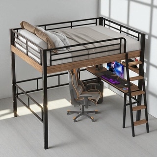 Full Size Metal Loft Bed with LED Light, Built-in Desk, Storage Shelf ...