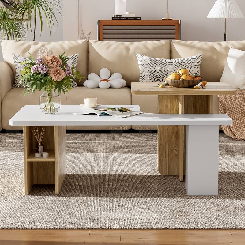 Anmytek White and Oak Expandable Coffee Table with Detachable Side Modern Living Room Storage