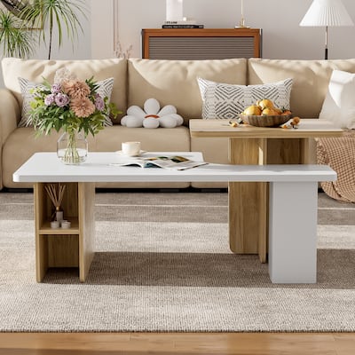 Farmhouse-Style Nesting Table Duo – Rectangular Wooden Coffee Table Set for Living Room & Sofa Side‌