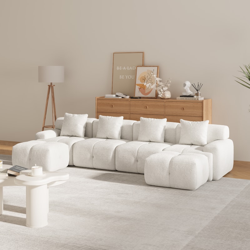Roomfitters U Shaped Modular Sectional Sofa Bed Chaise, 6-Piece Cloud Tufted Floor Couch with 2 Ottomans and 4 Pillows