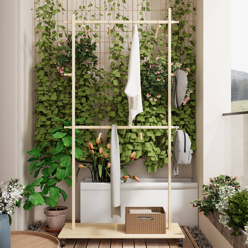 Anmytek Solid Finnish Pine Rolling Garment Rack with 2 Hanging Rods & Shelf, Freestanding Clothes Organizer with Lockable Wheels