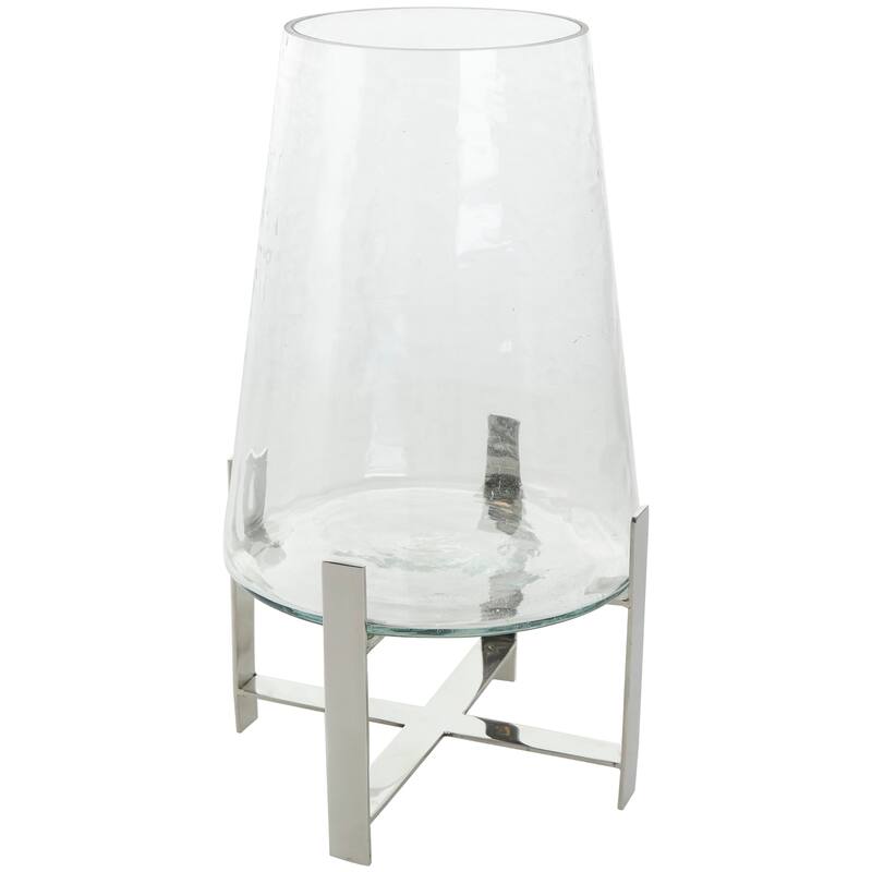 Clear Stainless Steel Metal Hurricane Lamp with Stainless Steel X Shaped Base