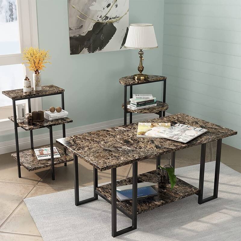3 Pieces Faux Marble Coffee Table Set with 1 Coffee Table and 2 End Tables, Modern Sofa Side Table with Shelf, Cocktail Table