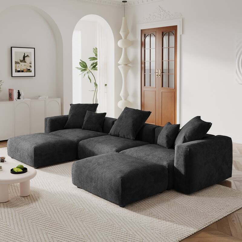 141.73" U-shape Corduroy Modular Sofa, Large Size Comfy Sectional Couch Sofa with 5 Pillows