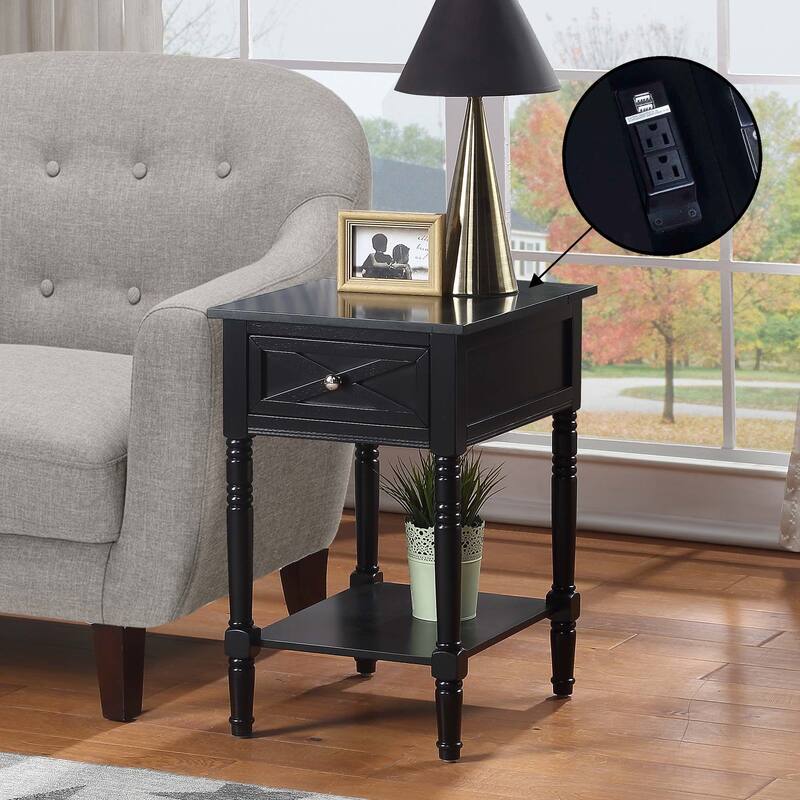 Convenience Concepts Country Oxford 1 Drawer End Table with Charging Station and Shelf - Black