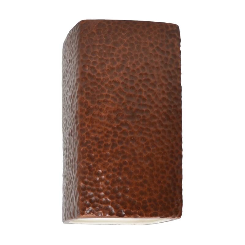 Justice Design Ambiance - Small ADA Rectangle - Open Top & Bottom Wall Sconce - Replaceable Bulb - Hammered Copper