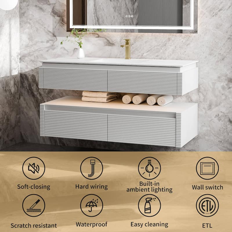 Modland 48" Modern Wall-Mounted Single Sink Bathroom Vanity with Engineered Stone Countertop,Soft-Close Drawers
