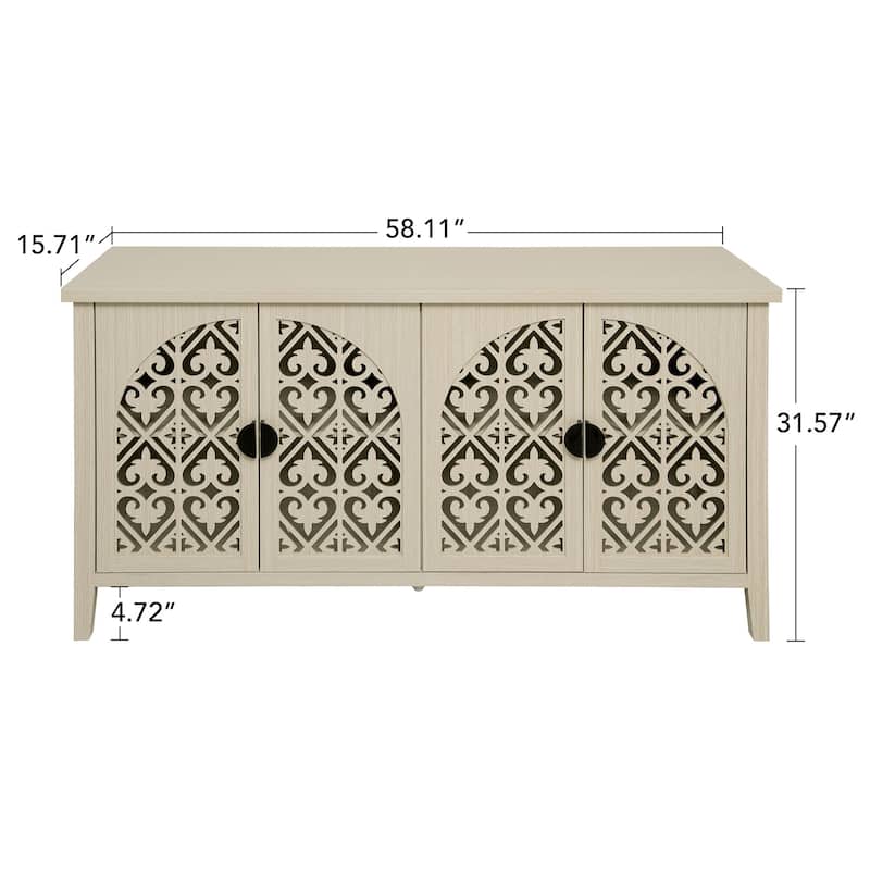 Symmetrical Carved Buffet, Storage Cabinet with Adjustable Shelves, Hollowed-out Accent Cabinet with Wood Feet