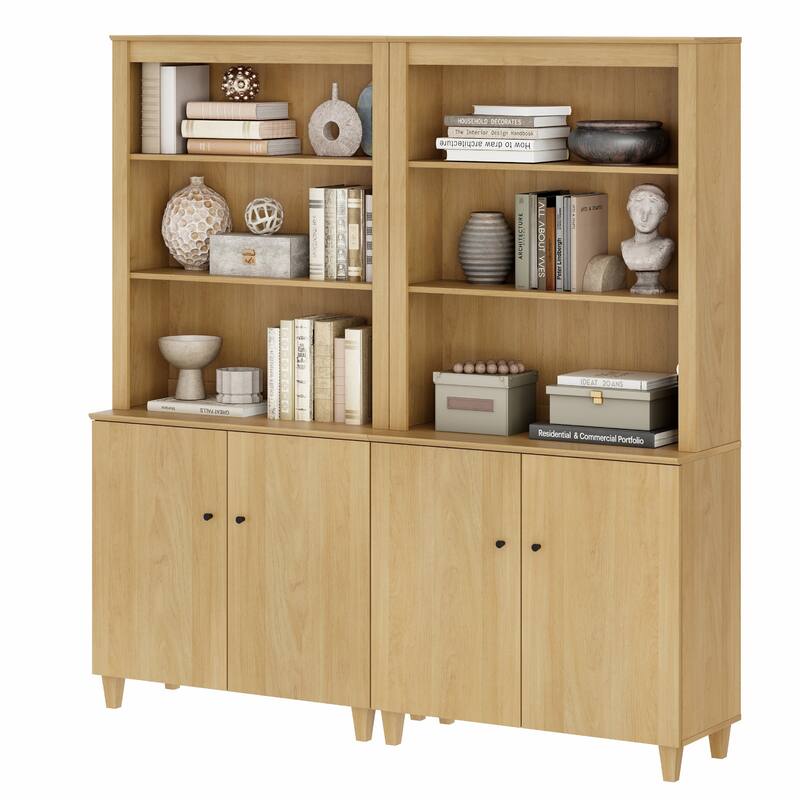 Modern 71" Tall Bookcase with Shelves & Storage Cabinet for Home Office - 2 Column 5-Tier - Oak Wood