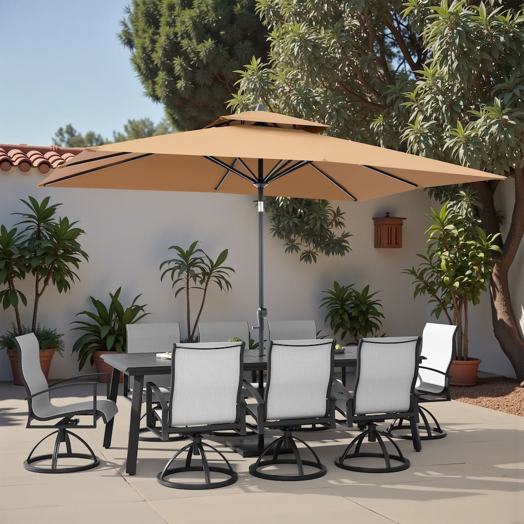 11-Piece Outdoor Aluminum Dining Table and Swivel Sunbrella Dining Chairs with Umbrella and Base Set